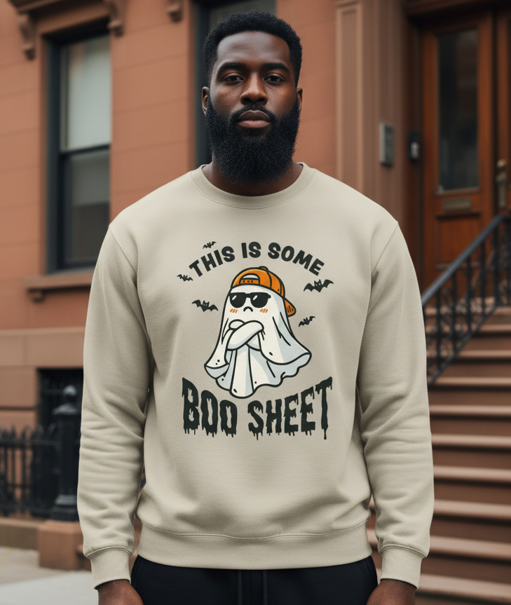 Man wearing a beige sweatshirt with a ghost and text design, standing in front of a brown building.