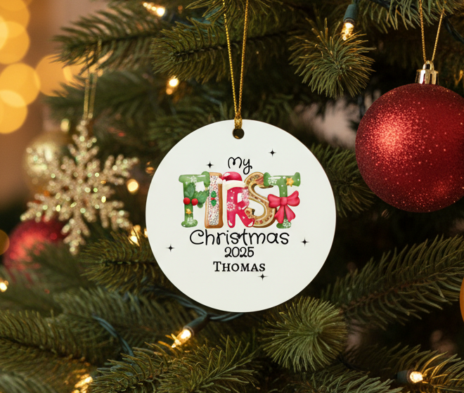 Decorative Christmas ornament on a tree with 'My First Christmas 2025 Thomas' text.