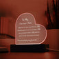 Heart-shaped acrylic LED plaque with the message "To My One and Only" in white font, featuring a romantic and heartfelt design, softly illuminated by LED lighting.